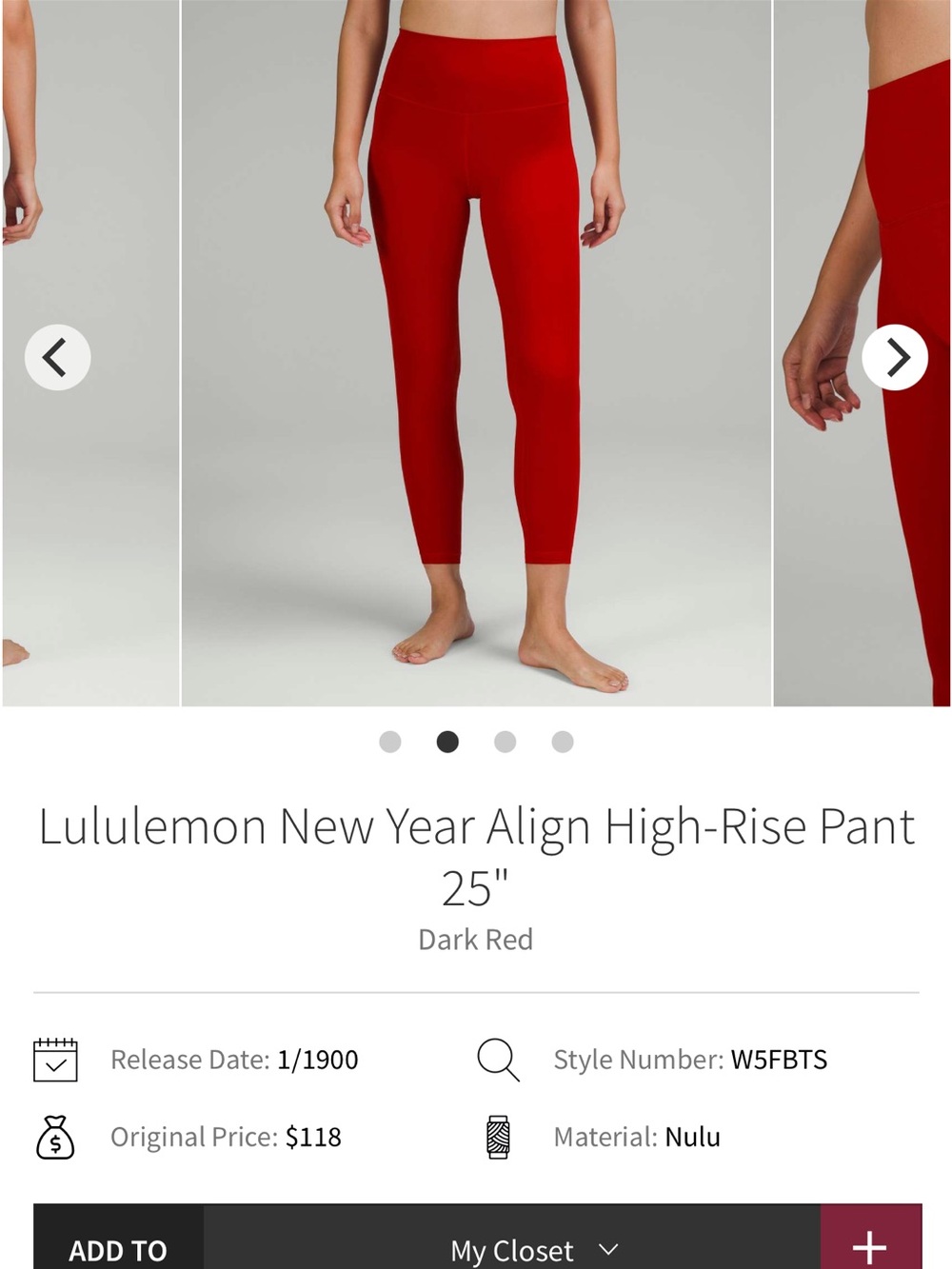 Lululemon new year align HR pant 25in size 8 dark red